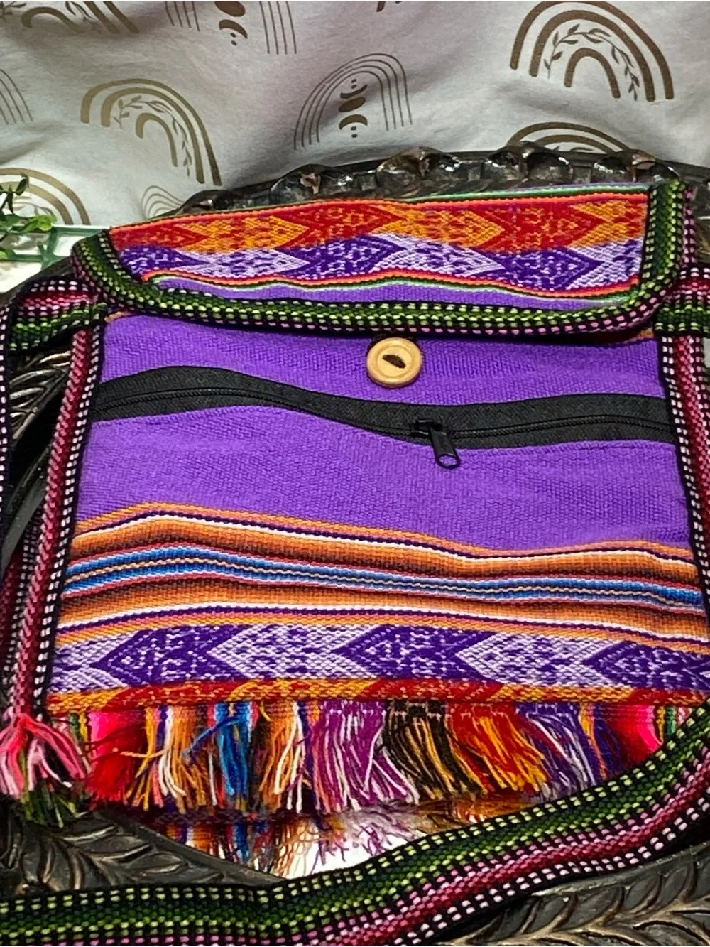 Handwoven Purple Crossbody Bag with Colorful Fringe